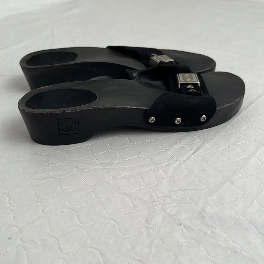Chanel 2000s black wood slide logo sandals